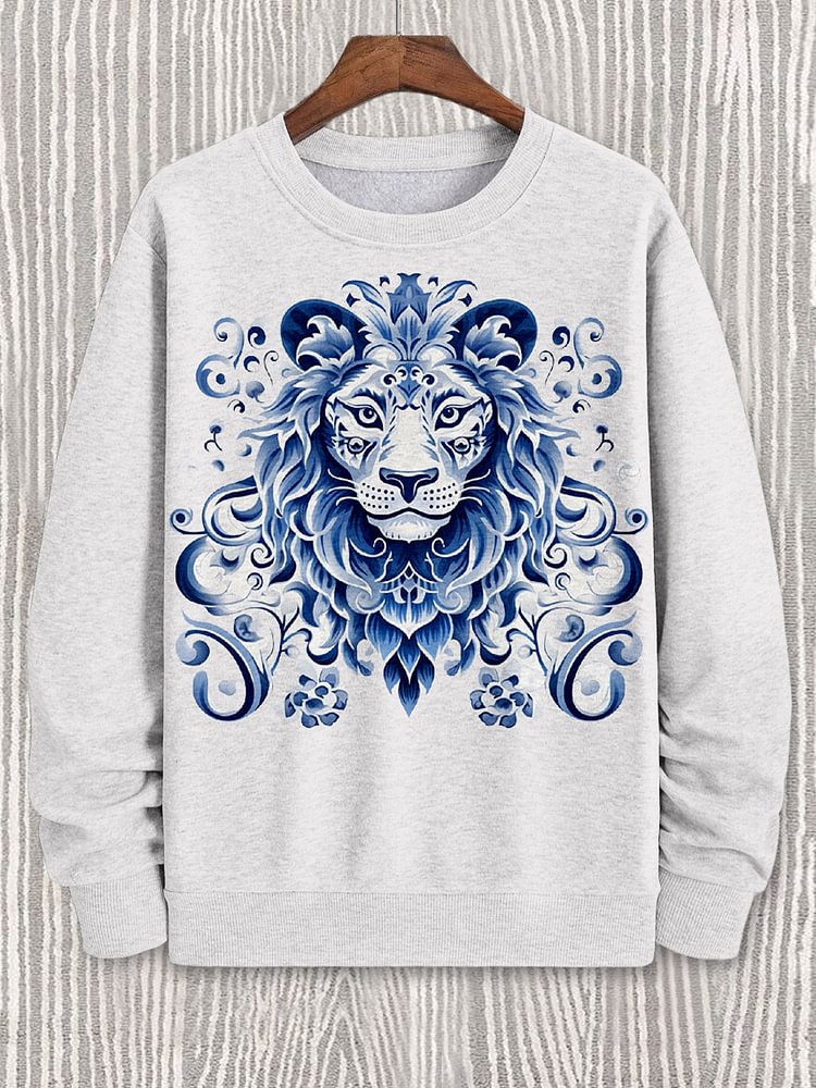 Men's Delft Blue Lion Flower Patterns Art Print Casual Sweatshirt