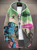 Men's Future Sci-Fi Robot Laser UFO Art Print Hooded Trench Coat