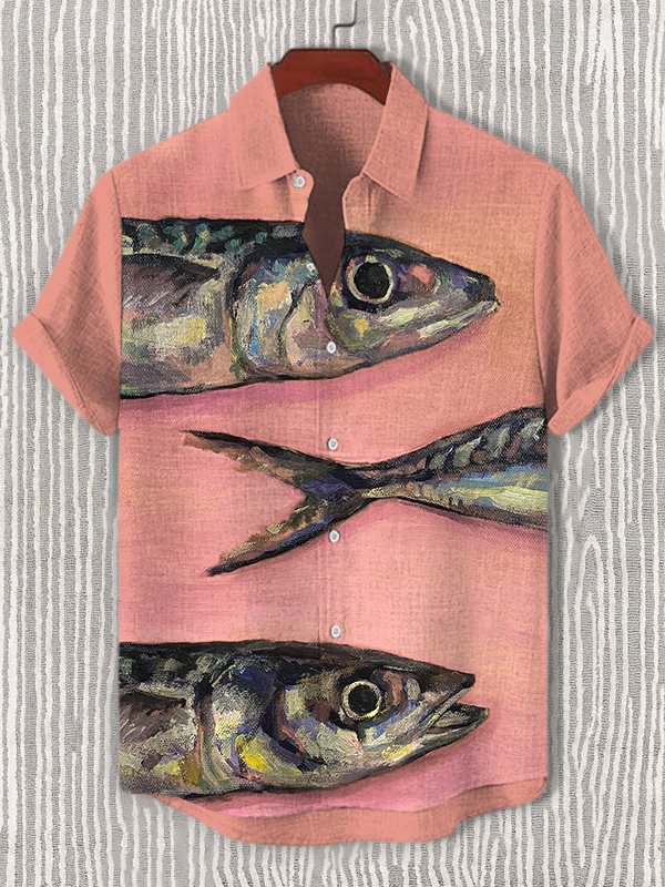 Men's Sardine Oil Painting Print Short Sleeve Shirt