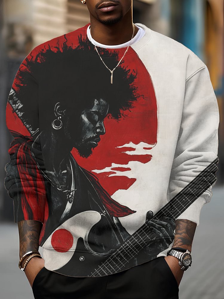 Men's Japan Art Afro Guitar Player Print Casual Sweatshirt