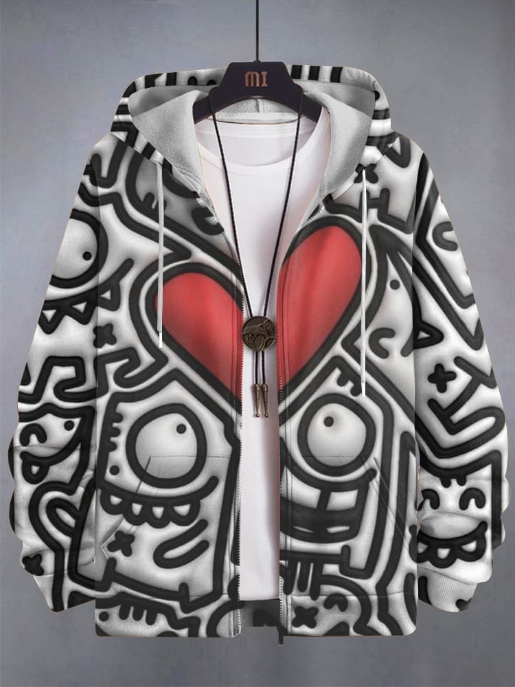 Men's Love Funny Graffiti Art Print Hooded Zip Up Jacket