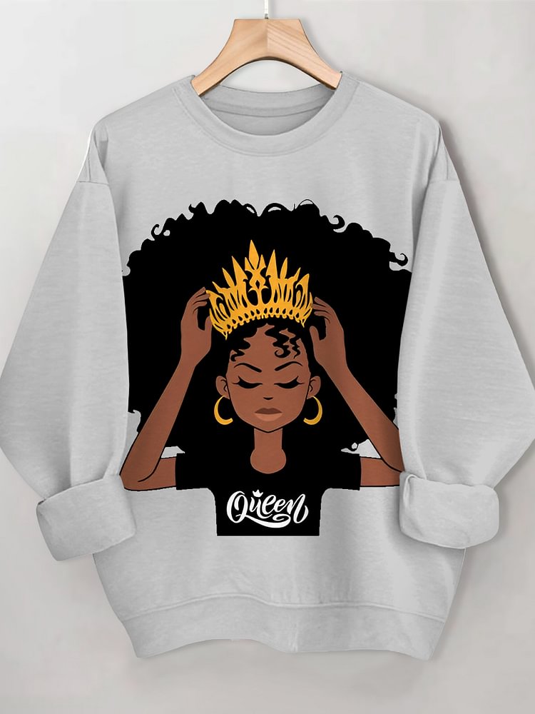 Women's Black Queen Print Cotton Long Sleeve T-Shirt Thin Sweatshirt