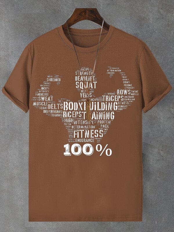 Men's Body Buiding Fitness Print Cotton Casual T-Shirt