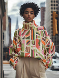 Women's Abstract Pattern Print High Neck Knit Sweatshirt
