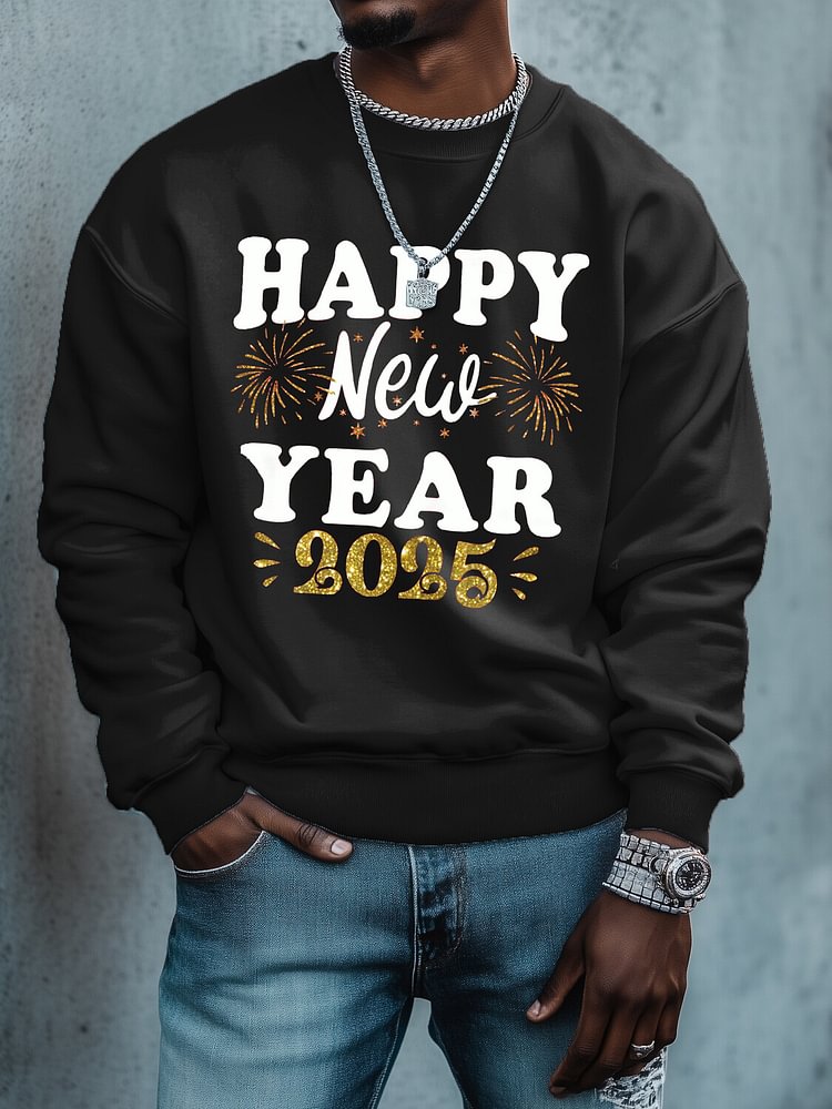 Men's Happy New Year 2025 Print Cotton Casual Sweatshirt