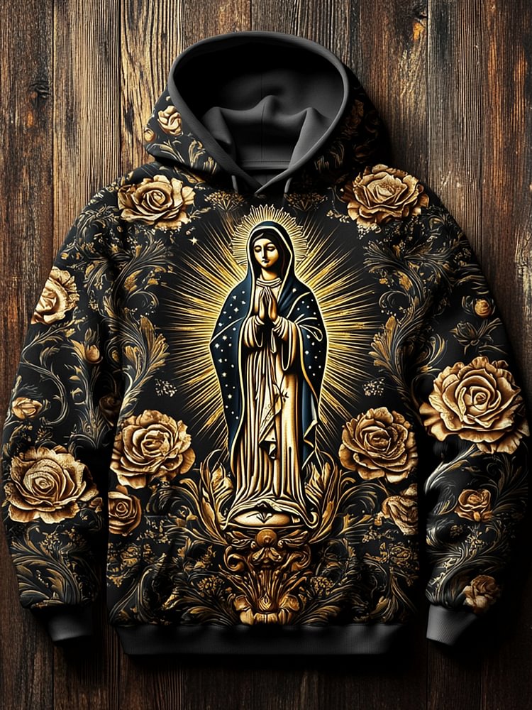 Men's Mother Of Jesus Flower Embossment Print Hooded Sweatshirt