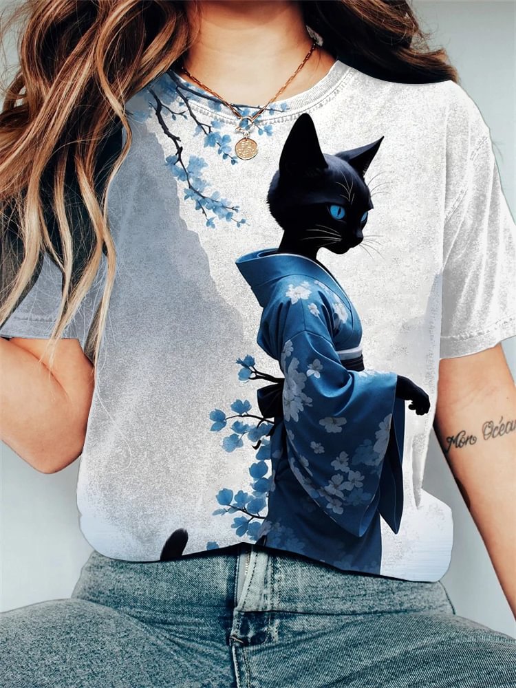Women's Elegant Sakura Kimono Cat Art Print Casual T-Shirt