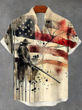Men's Japanese Samurai American Flag Ink Painting Print Linen Blend Shirt