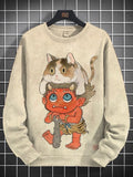 Men's Ukiyo-e Japanese Monster Cat Print Casual Sweatshirt
