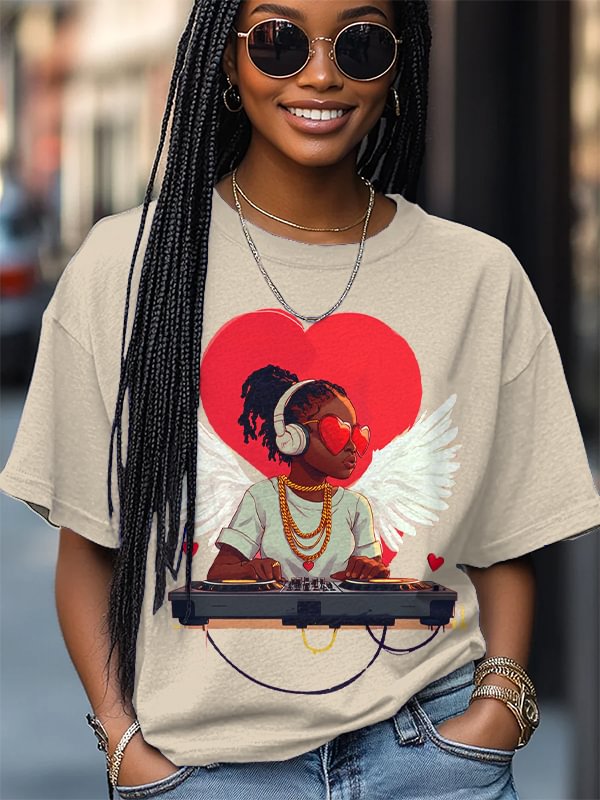 Women's Valentine's Day DJ Print Cotton Casual T-Shirt