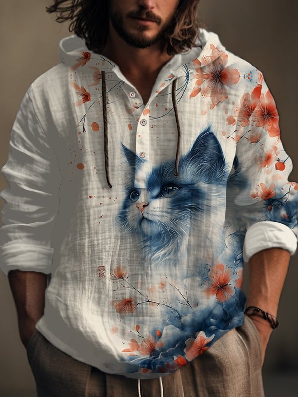 Men's Ukiyo-e Delft Blue Cat Floral Ink Painting Print Hooded Shirt