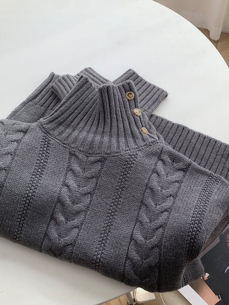 Women's Solid Color Retro High Neck Buttons Knit Pullover Sweater