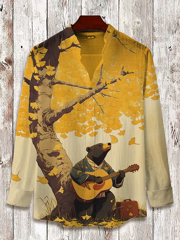 Men's Japanese Kimono Bear Autumn Print Long Sleeve Shirt