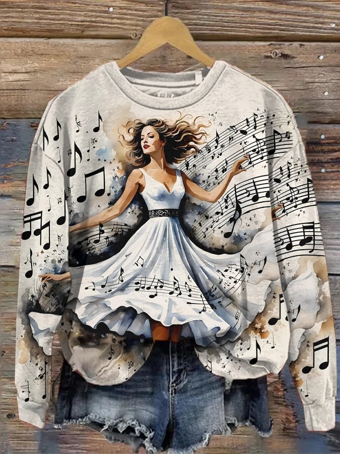 Women's Musical Notes Dancing Art Print Casual Sweatshirt