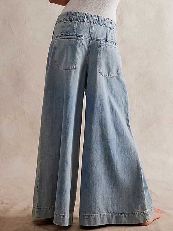 Women's Casual Elastic Drawstring Waist Buttons Loose Fit Wide-Leg Jeans
