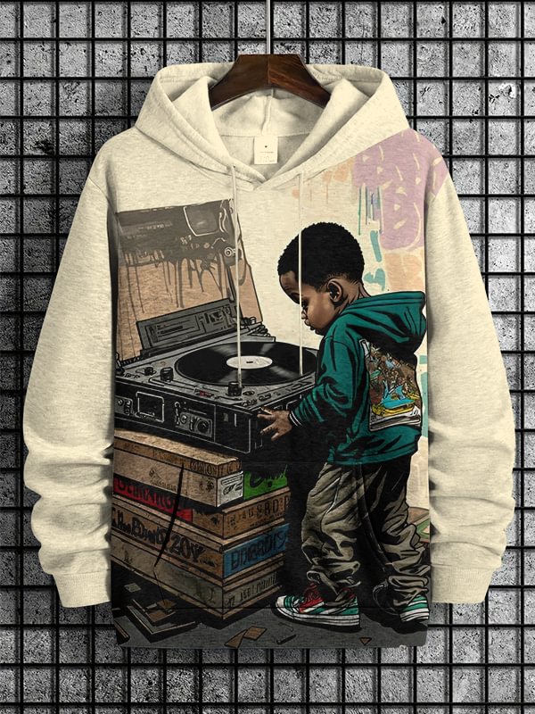 Men's Little Boy Vinyl Music Lover Art Print Casual Hoodie