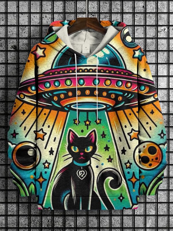 Men's UFO Kidnaps Black Cat Art Print Hooded Sweatshirt