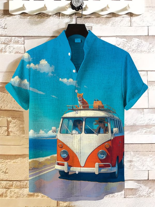 Men's Enjoy Traveling With Cat Seaside Scenery Print Shirt