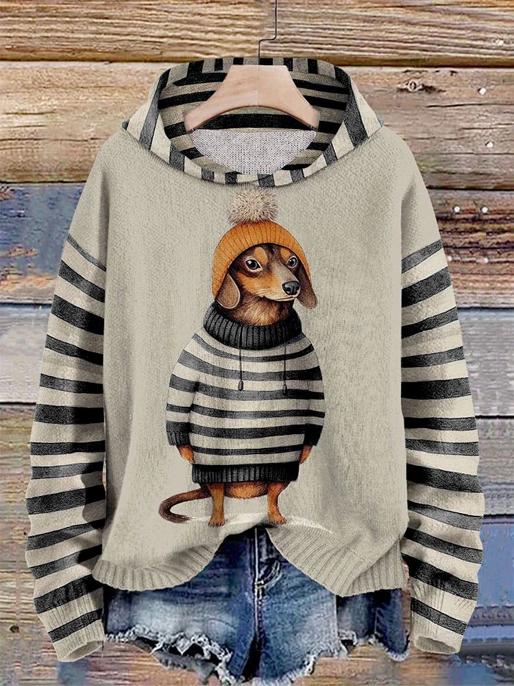 Women's Dachshund Dog In Clothes Print Stripe Splice Hoodie