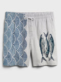Men's Japanese Wave Fish Painting Print Cotton And Linen Shorts