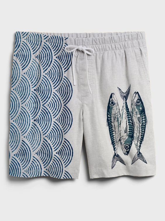 Men's Japanese Wave Fish Painting Print Cotton And Linen Shorts