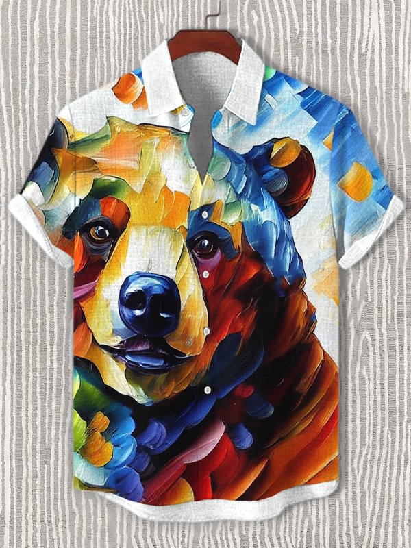 Men's Bear Oil Painting Art Print Casual Short Sleeve Shirt