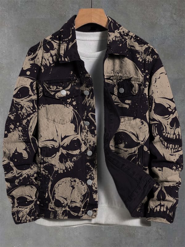 Men's Vintage Skull Mystery Art Print Denim-Like Long Sleeve Shirt