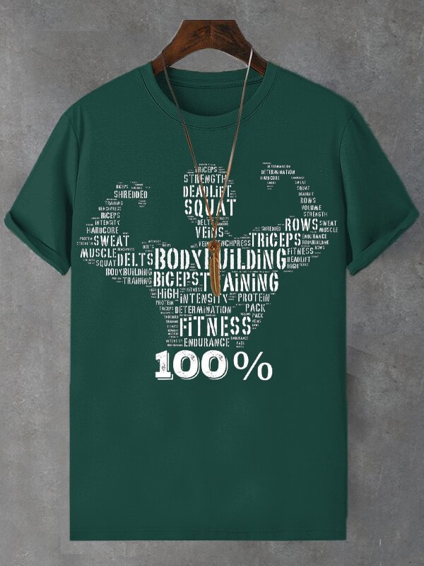 Men's Body Buiding Fitness Print Cotton Casual T-Shirt