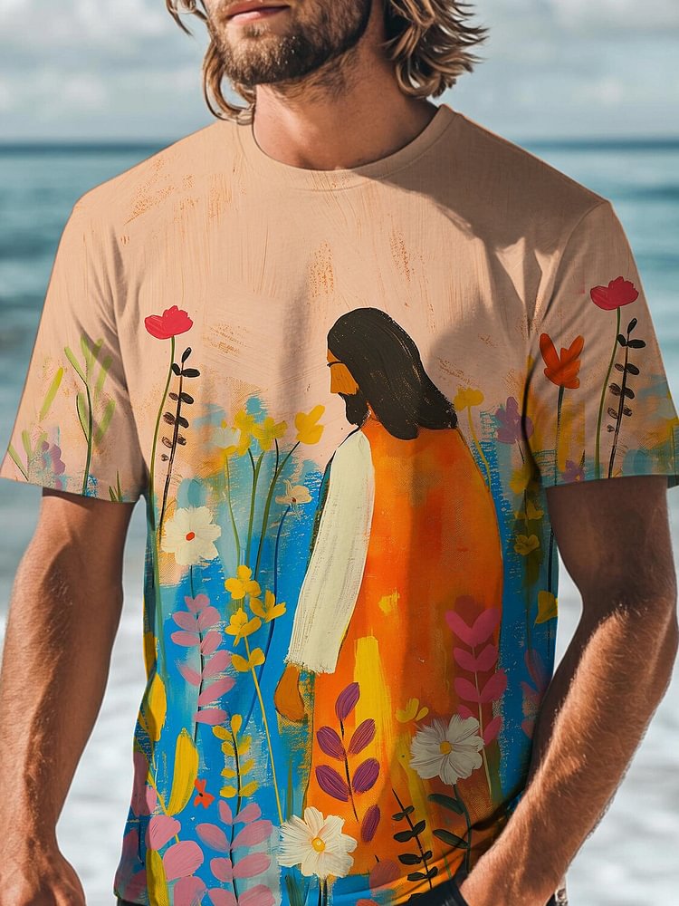 Men's Oil Painting Of Jesus Back And Flowers Art Print T-Shirt