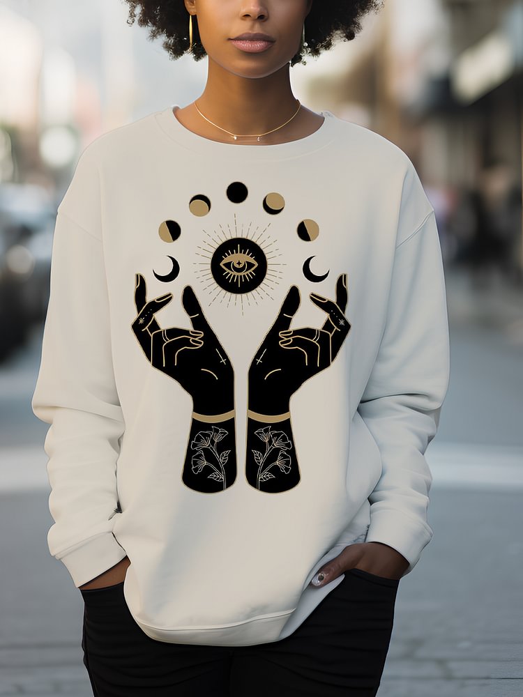 Women's Mysterious Eyes Hands Moon Print Cotton Long Sleeve T-Shirt Thin Sweatshirt