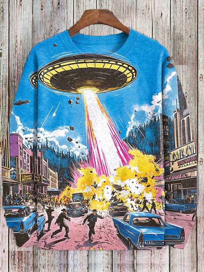 Men's Future Sci-Fi Art UFO Vintage Print Casual Sweatshirt