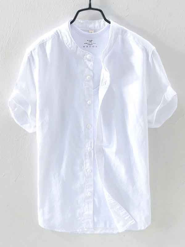 Men's Plain Short Sleeve Retro Cotton And Linen Shirt