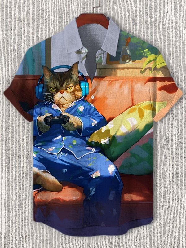 Men's Cat Playing Games On The Sofa Print Casual Shirt