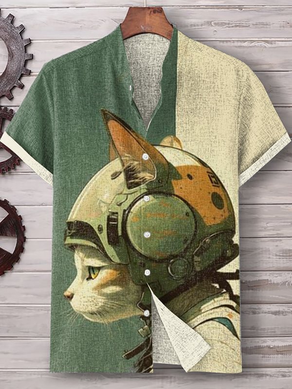 Men's Retro Western Cyber Pilot Cat Color Blocking Print Linen Blend Shirt