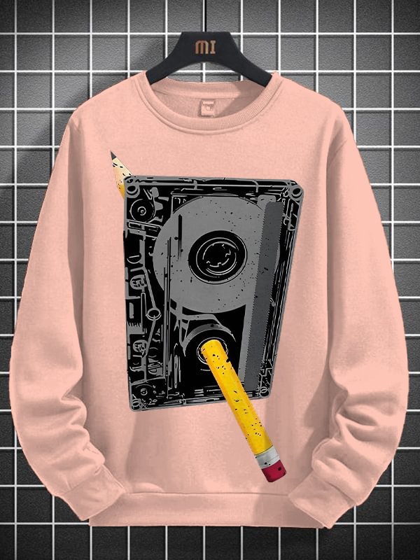 Men's Cassette Tape And Pencil Retro Art Print Cotton Long Sleeve T-Shirt Thin Sweatshirt