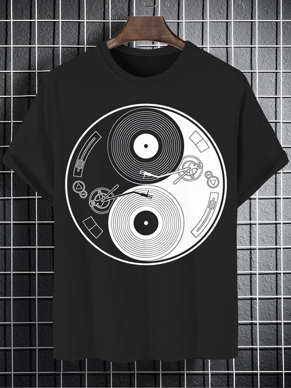 Men's Yin Yang Vinyl Record Graphic Print Cotton Casual T-Shirt