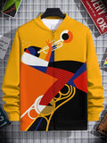 Men's Retro Color Block Splicing Art Trumpeter Abstract Print Casual Zip Up Jacket
