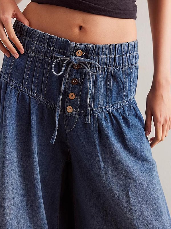 Women's Casual Elastic Drawstring Waist Buttons Loose Fit Wide-Leg Jeans