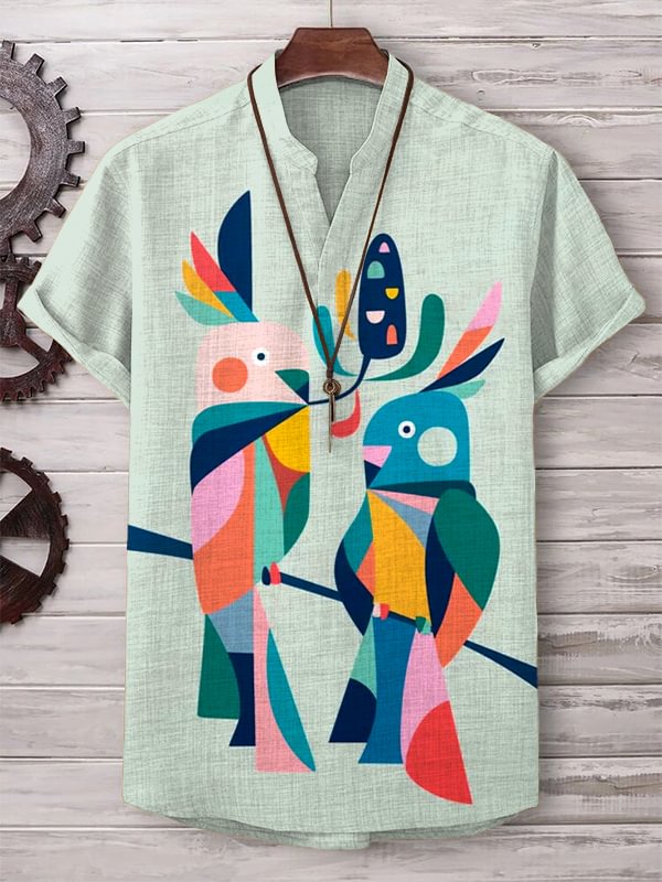 Men's Color Block Abstract Cockatoo Love Graphic Short Sleeve V Neck T-Shirt