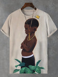 Men's Black Boy Illustration Print Casual T-Shirt