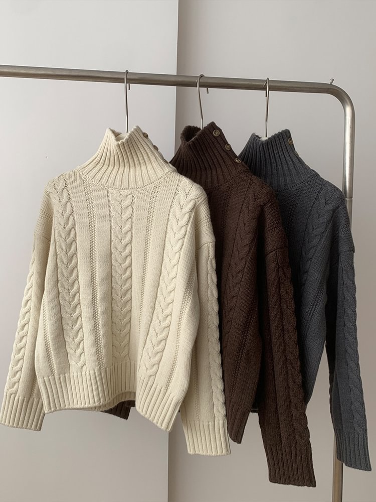 Women's Solid Color Retro High Neck Buttons Knit Pullover Sweater