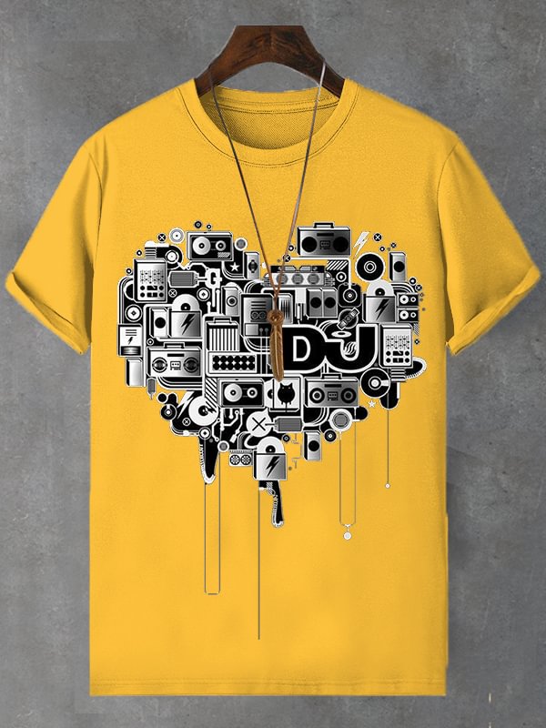 Men's Vintage Heart Pattern Music Art Print Cotton Casual T-Shirt