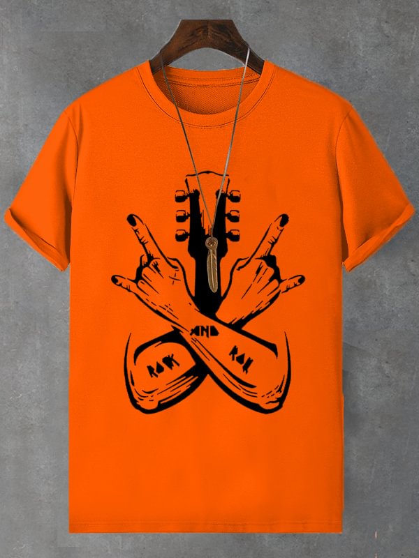 Men's Rock And Roll Guitar Graphic Print Cotton Casual T-Shirt
