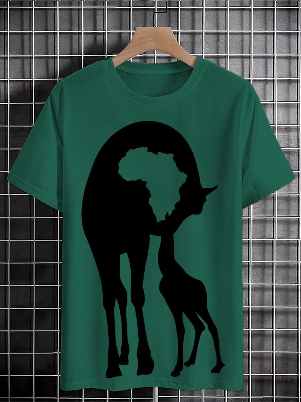 Men's Retro Cute Giraffe Africa Map Silhouette Print Cotton Casual T-Shirt