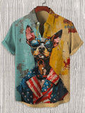 Men's Dog Patriot Oil Painting Art Print Linen Blend Short Sleeve Shirt