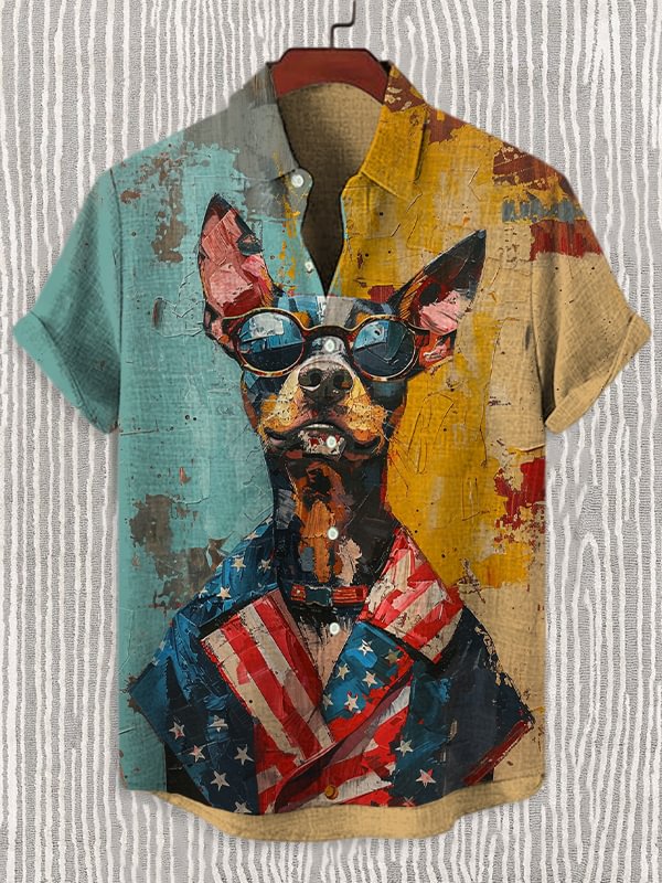 Men's Dog Patriot Oil Painting Art Print Linen Blend Short Sleeve Shirt