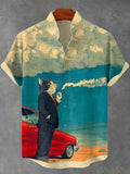 Men's Cat Driving On The Road Smoking Chilling Art Print Shirt