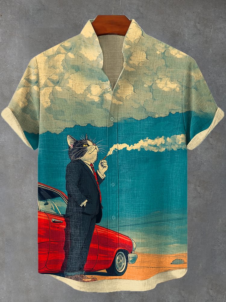 Men's Cat Driving On The Road Smoking Chilling Art Print Shirt