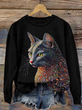 Women's Rhinestone Cat Art Print Casual Sweatshirt