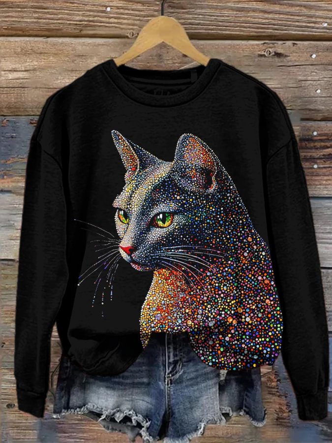 Women's Rhinestone Cat Art Print Casual Sweatshirt